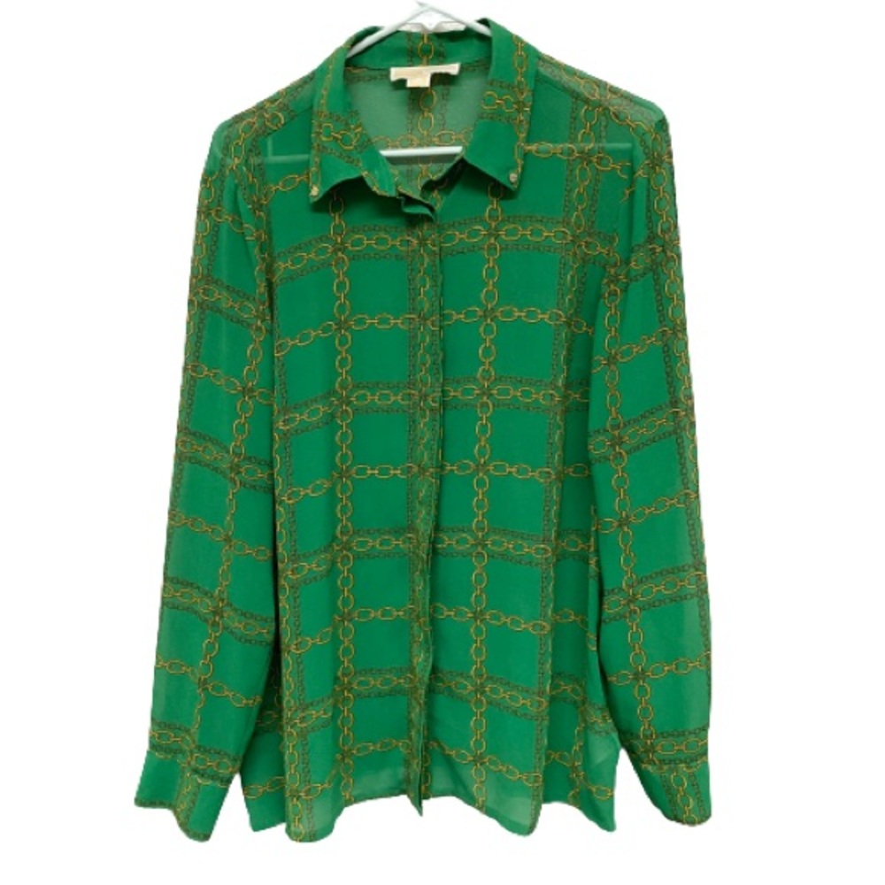 MICHAEL KORS Green Sheer Career Collared Button‎ Up Blouse Top Shirt Size 14